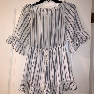 Navy Blue & White Stripe Off the Shoulder Romper